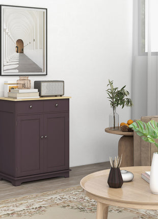 Kitchen Storage Cabinet, Sideboard Floor Cupboard with Solid Wood Top, Adjustable Shelf, and 2 Drawers, Coffee