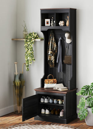 3-in-1 Hall Tree with Shoe Storage, Coat Rack with Bench, Entryway Furniture with Five Hooks, Black Wood Grain
