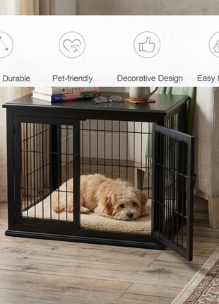 Dog Crate Furniture, 32" Small Dog Cage End Table with 2 Doors, Lockable Door, Puppy Kennel Indoor, Black