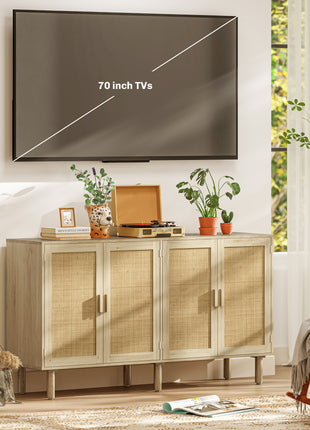 Bohemian Sideboard, 62.2" Buffet Cabinet with 4 Rattan Doors and Shelves for Living Room, Hallway, Natural