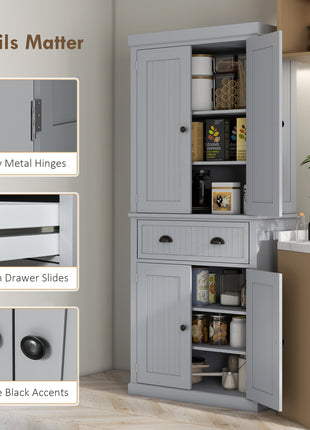 72" Traditional Kitchen Pantry Cabinet, Freestanding Tall Storage Cabinet with 4 Doors, Drawer and 3 Adjustable Shelves for Dining Room, Gray