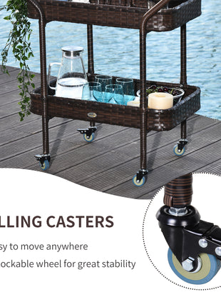 PE Rattan Outdoor Bar Table, Outdoor Kitchen Island with 2-Tier Shelf, Wheeled Patio Serving Cart with Brakes for Poolside, Garden, Brown