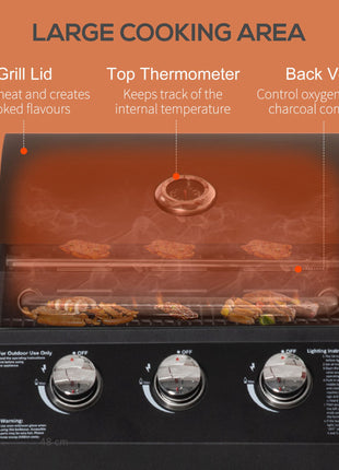 Outdoor 3 Burner Gas Grill Portable Barbecue w/ Wheels, Warming Rack, Shelves, Cabinet, Thermometer, Black