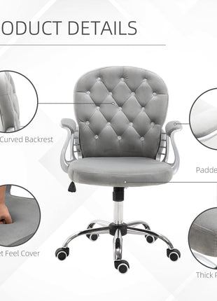 Velvet Home Office Chair, Button Tufted Desk Chair with Padded Armrests, Adjustable Height and Swivel Wheels, Gray