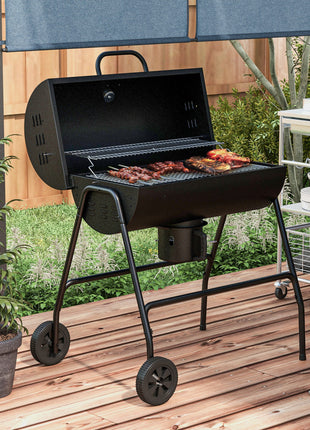 Barrel Charcoal BBQ Grill, Barbecue with 420 sq.in. Cooking Area, Wheels, Ash Catcher, Black