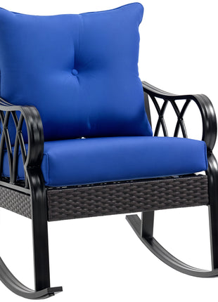 Outdoor Wicker Rocking Chair with Padded Cushions, Aluminum Furniture Rattan Porch Rocker Chair w/ Armrest for Garden, Patio, and Backyard, Blue