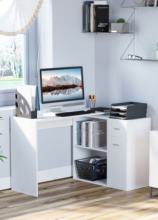 L Shaped Computer Desk, 180° Rotating Corner Desk with Storage Shelves, Drawer and Cabinet, Study Workstation for Home Office, 47.25"x19.75"x 53.75", White