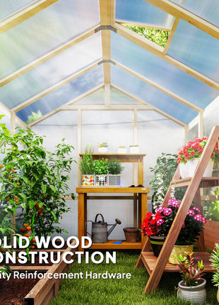 6.6 x 8 ft. Polycarbonate Greenhouse Wooden Walk-in Greenhouse Kit with Thickened Panels, Roof Vent, and Lockable Door