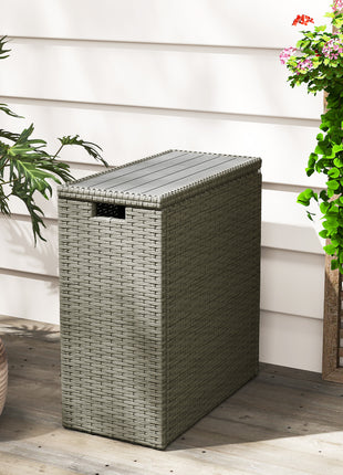 17-Gallon Small Deck Box, Wicker Outdoor Storage Box with Acacia Wood Top for Patio Cushions and Garden Tools, Gray