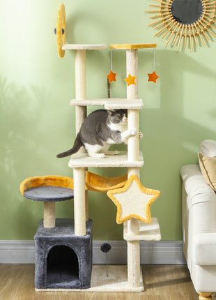 63 Inch Moon and Star Themed Cat Tree with Scratching Post, Hammock, Condo, Bed, Scratching Board & Cat Toys, Beige