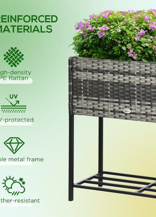 Raised Garden Bed, Elevated Planter Box with Rattan Wicker Look, Tool Storage Shelf, Portable Design for Herbs, Vegetables, Flowers, Gray