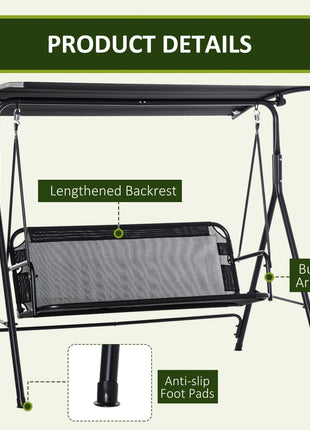 2-Seater Patio Swing Chair, Outdoor Adjustable Canopy Porch Swing with Armrests, Texeline Fabric and Steel Frame, Black