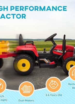 12V Electric Ride on Tractor with Trailer, 25W Dual Motors, Red