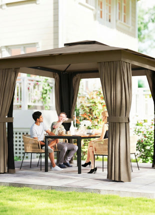 10' x 10' Outdoor Patio Gazebo, Soft Top Gazebo Canopy Shelter with Curtains, Netting, Steel Frame, Hook, Khaki
