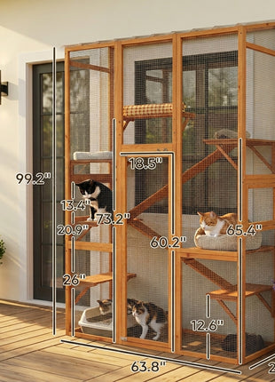 Outdoor Catio Cat Enclosure, Large Wooden Cat House with 6 Jumping Platforms, Scratching Post, 2 Ramps, for 2-3 Kittens