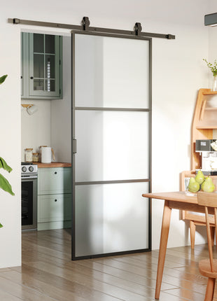 36" x 84" Sliding Door with Hardware Kit, Handle, & Track, Frosted Tempered Glass Door, Easy Installation