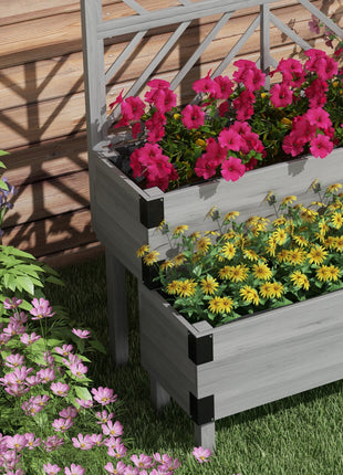 2 Tier Trellis Planter, Wooden Raised Garden Bed, Gray