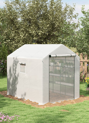 8' x 6' x 7' Portable Walk in Greenhouse with Mesh, Door, Windows, 18 Shelf, Trellis, Plant Labels, White
