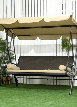 3-Seat Patio Swing Chair, Outdoor Canopy Swing Glider with Removable Cushion, Pillows, Adjustable Shade, and Rattan Seat, for Porch, Garden, Poolside, Backyard