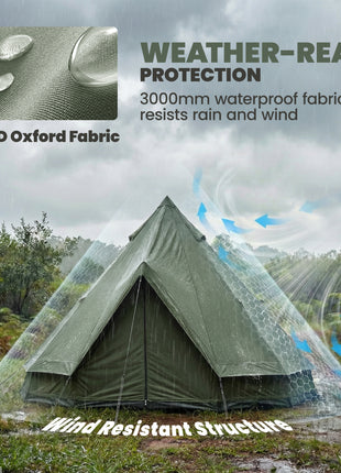 Teepee Tent Waterproof Camping Tent with Stove Jack for 4-6 People for Outdoor Camping Hiking Army Green