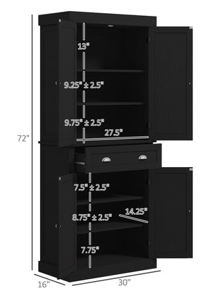 72.5" Kitchen Cabinet, Pantry Storage Cabinet with Doors and Shelves, Freestanding Food Pantry Cabinet, Black Wood Grain