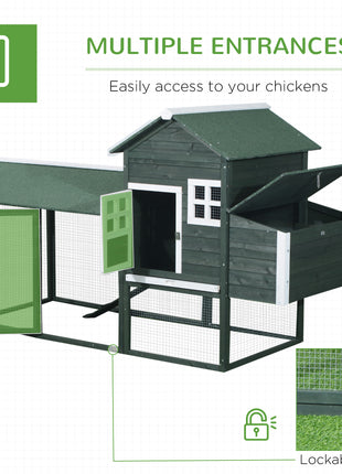 84" Wooden Chicken Coop, Hen House Outdoor with Run Nesting Box, Asphalt Roof, Removable Tray, Ramp, Poultry Cage for 2-3 Chickens, Green