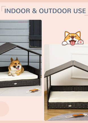 Wicker Dog House Outdoor with Canopy, Rattan Dog Bed with Water-resistant Cushion, Raised Dog Bed for Small, Medium Dogs up to 66 lbs, 19.75" in Length, Brown Wicker, White Cushion