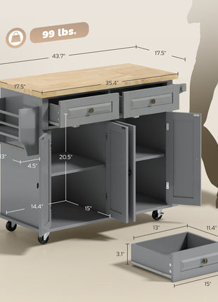 44" Mobile Kitchen Island Table, Kitchen Island Cart on Wheels with Storage Cabinets, 2 Drawers, Gray