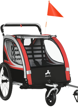 2-in-1 Walk/Ride Child Baby Bike Trailer for Kids 2 Seater, High-Visibility Bike Stroller for Toddler Wagon, Weather-Strong Double Bicycle Trailer Accessory, Red