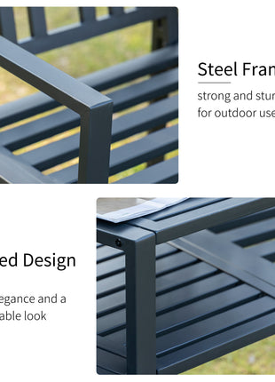Metal Garden Bench with Middle Table and Umbrella Hole, 2-in-1 Double Patio Chairs, Outdoor 2-person Tete-a-Tete, Slatted, Black