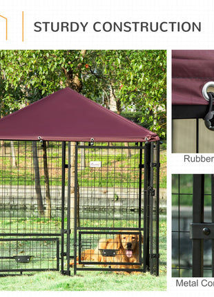 Outdoor Dog Kennel with Rotating Bowl Holders, Pet Playpen with Waterproof Cover, 4.6' x 4.6' x 5', Red