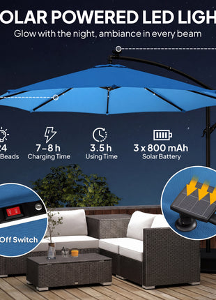 10 ft Cantilever Patio Umbrella with Light, Weight, Offset Hanging Outdoor Umbrella with Protective Cover, Lake Blue