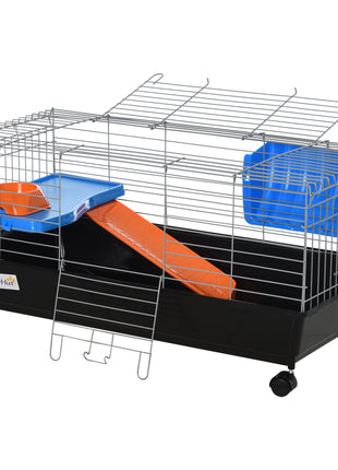 35"L Small Animal Cage with Food Dish, Water Bottle, Hay Feeder, Platform, Ramp for Chinchilla, Black
