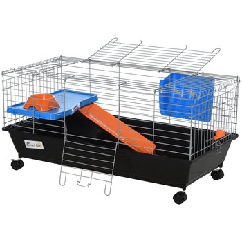 35"L Small Animal Cage with Food Dish, Water Bottle, Hay Feeder, Platform, Ramp for Chinchilla, Black