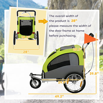 2 in 1 Dog Bike Trailer, Foldable Pet Stroller, Dog Bicycle Trailer with Suspension, for Medium Dogs up to  44 LBS, Green