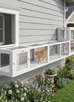 Wooden Cat Run with Weather Protection, Connecting Inside and Outside, 79"L x 15"W x 15"H, White