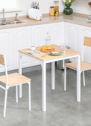 3-Piece Wooden Square Dining Table Set with 1 Table and 2 Chairs and Sturdy Metal Frame for Small Space, White
