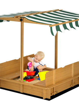 Wooden Kids Sandbox with Cover, Children Outdoor Sand Box with Foldable Bench Seats and Adjustable Canopy
