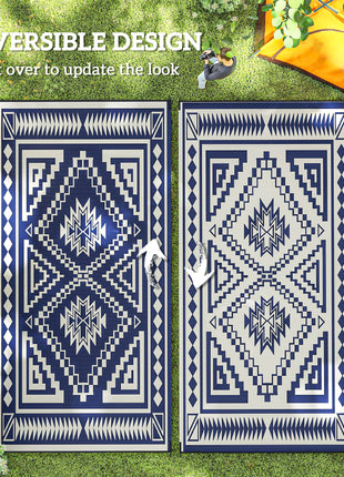Reversible Outdoor Rug, Waterproof Plastic Straw with Carry Bag, 9' x 18', Blue & White Square Patchwork