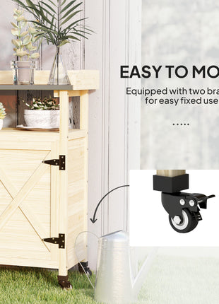 Outdoor Wooden Potting Bench with Storage Cabinet, Aluminum Tabletop, Rubber Wheels for Backyard, Patio, Natural Wood