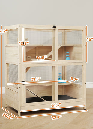 Wooden Hamster Cage, 4 Tier Small Animal Cage with Mesh Flip Roof, Pull-Out Tray, Huts, Seesaws, Ramps and Water Bottles