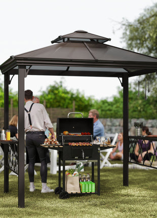 Outside Porch BBQ Cooking Pergola Canopy with 6 Hooks for Utensils and Double Venting Roof, Coffee
