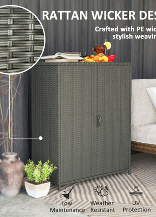 Rattan Wicker Outdoor Storage Cabinet with 4 Shelves and 2 Doors for Garden Pool Towel Storage, Dark Gray