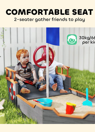 Kids Wooden Sandbox Pirate Ship Sandboat w/ Bench Seat Storage Space Ceder Wood, Gray
