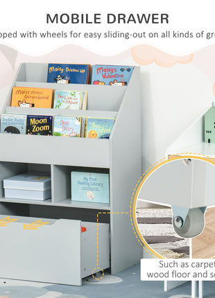 Kids Bookcase Multi-Shelf Book Rack with Mobile Drawer for Books, Toy , Gray