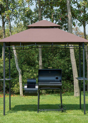 8' x 5' Grill Gazebo with Double Roof, Outdoor BBQ Canopy Gazebo with 2 Side Shelves for Patio Yard Garden Coffee
