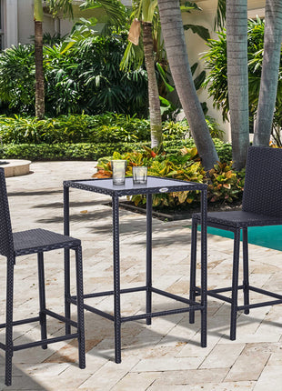 3 PCS Rattan Bar Set with Glass Top Table, 2 Bar Stools for Outdoor, Patio, Garden, Poolside, Backyard