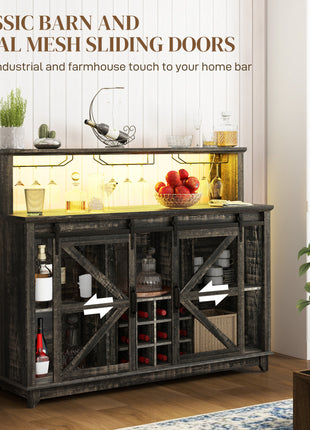 55" Coffee Bar Cabinet with Lights, Farmhouse Wine Cabinet with Wine and Glass Racks for Kitchen, Dining Room, Brown