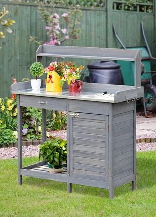 Outdoor Potting Bench Table, Garden Work Station with Storage Cabinet, Open Shelf and Steel Tabletop, Gray