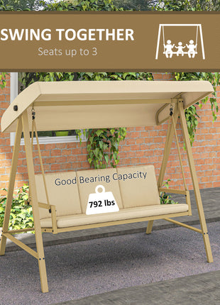 3-Person Patio Swing Chair, Outdoor Porch Swing with Adjustable Canopy, Removable Cushions for Garden, Backyard, Beige